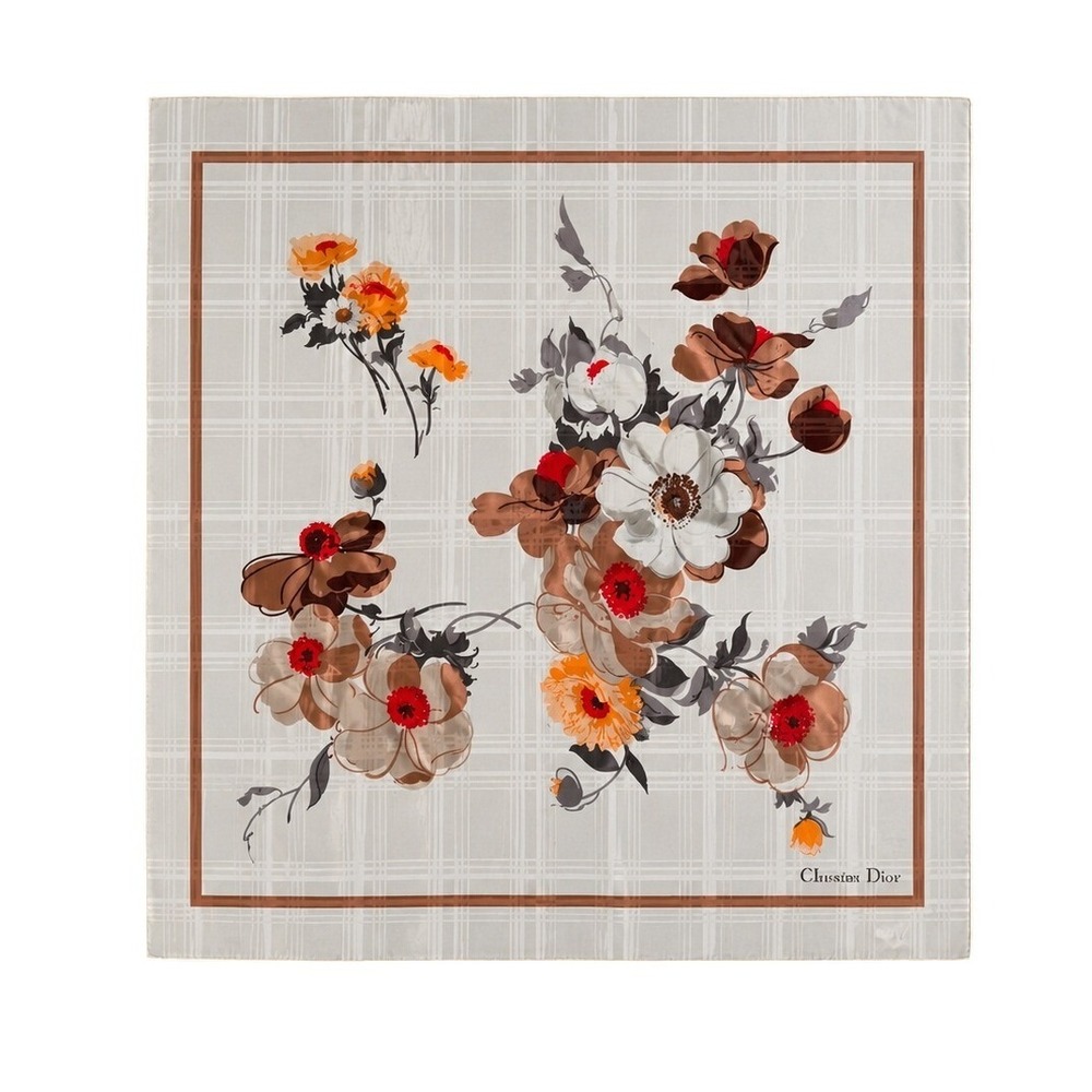 Christian Dior Vintage Silk Scarf Floral Plaid Jacquard Brown Orange Square